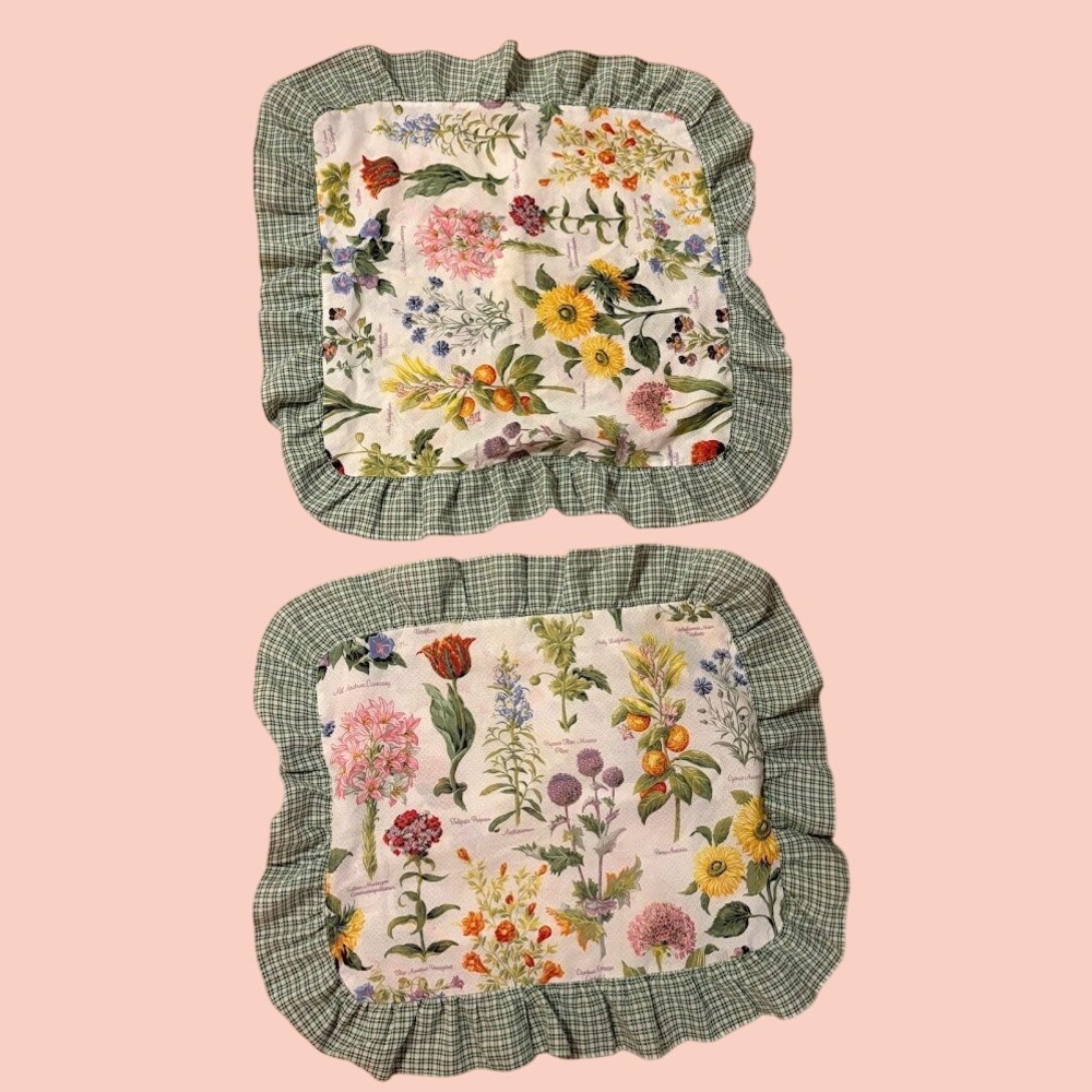 Vintage Botanical Floral Ruffle Pillowcases Set of 2 Gingham Green White Square